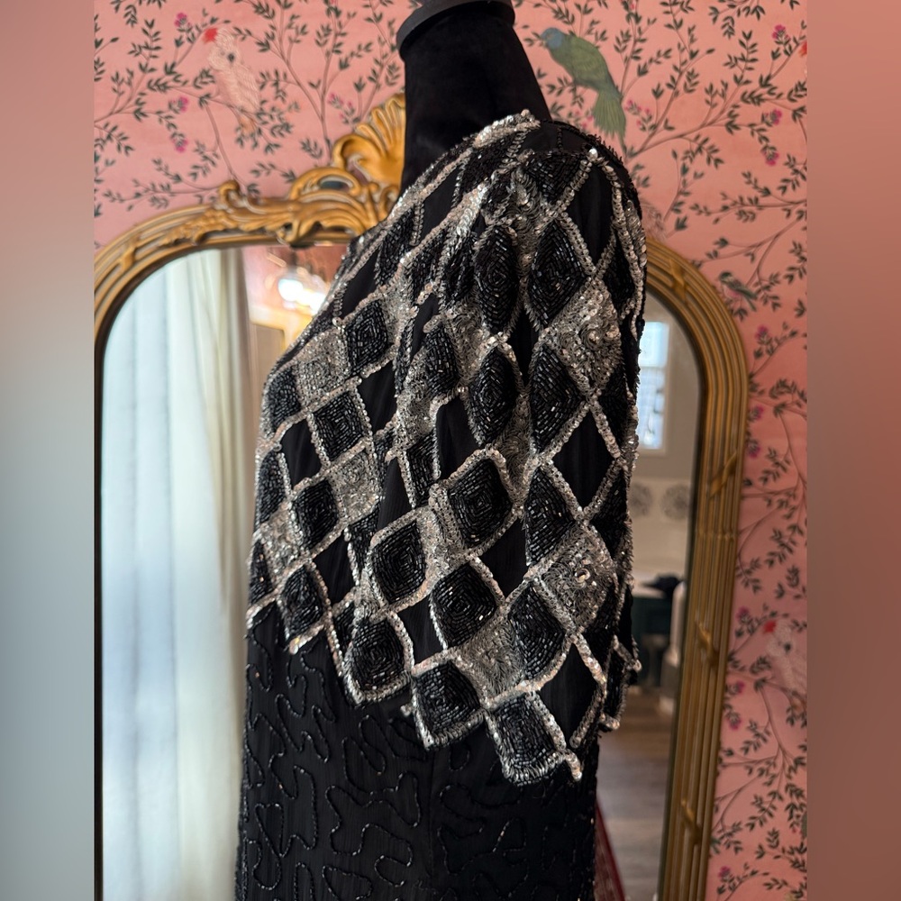 Stunning Vintage 90s Lawrence Kazar New York Hand Beaded Silk Evening Gown - Picture 5 of 17
